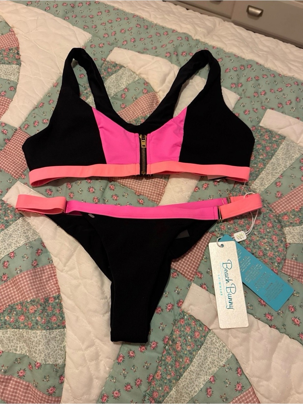 Beach Bunny Black Bikini with Pink and Coral Trim